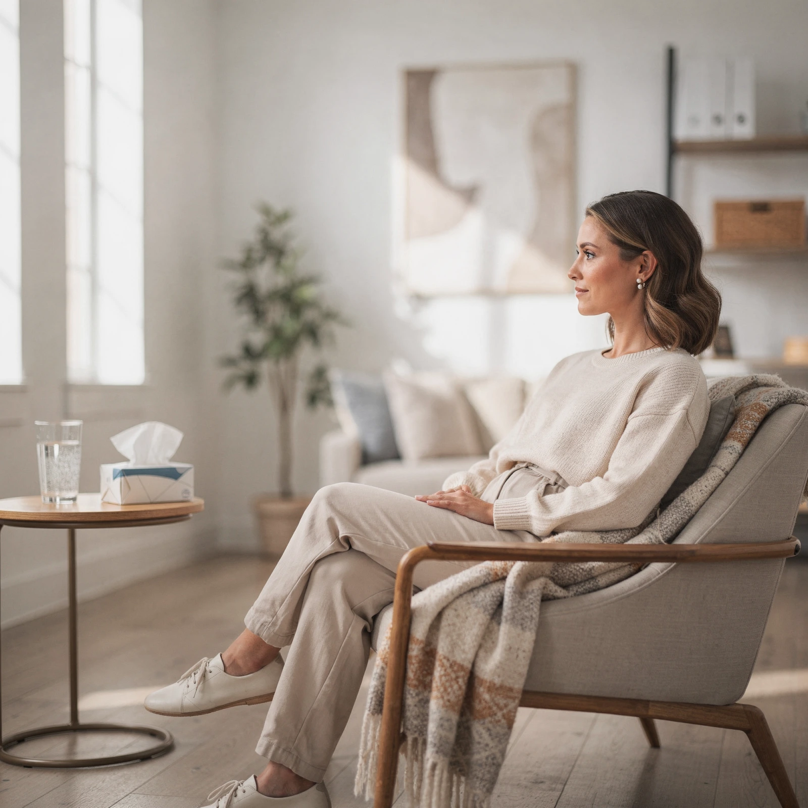 Woman seated in therapy office chair with blanket, side table with tissue box and water glass